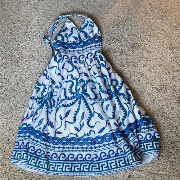 Anthropologie Blue and White Halter Plunge Midi Sundress - Picture 3 of 9